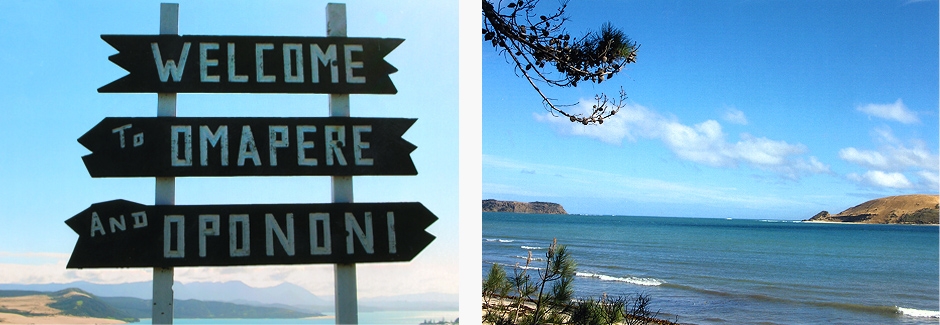 Sign saying welcome to Omapere and Opononi